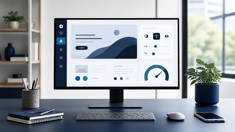 Accessible website interface and performance dashboard on a desktop monitor