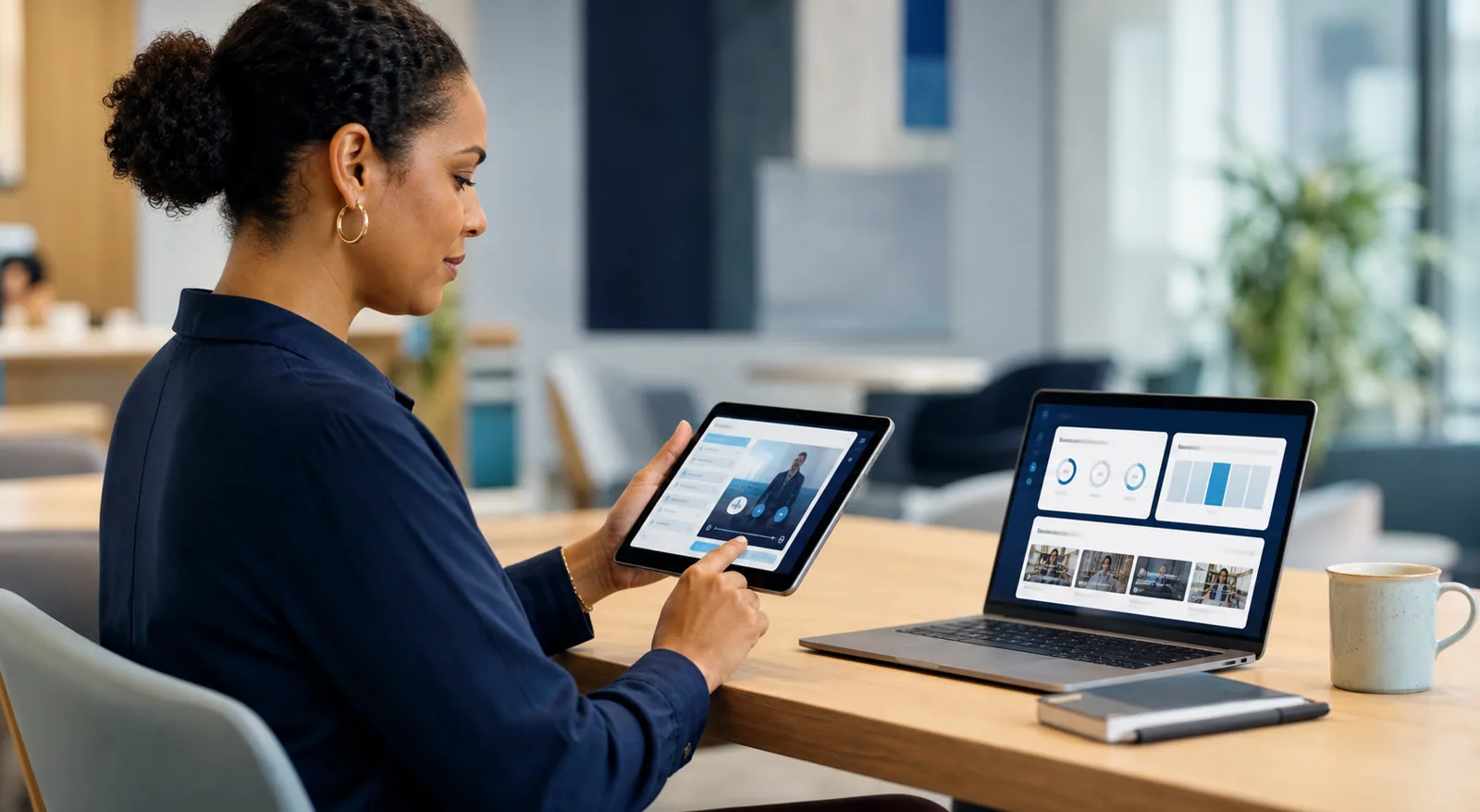 Professional learner using an interactive course on a tablet and laptop