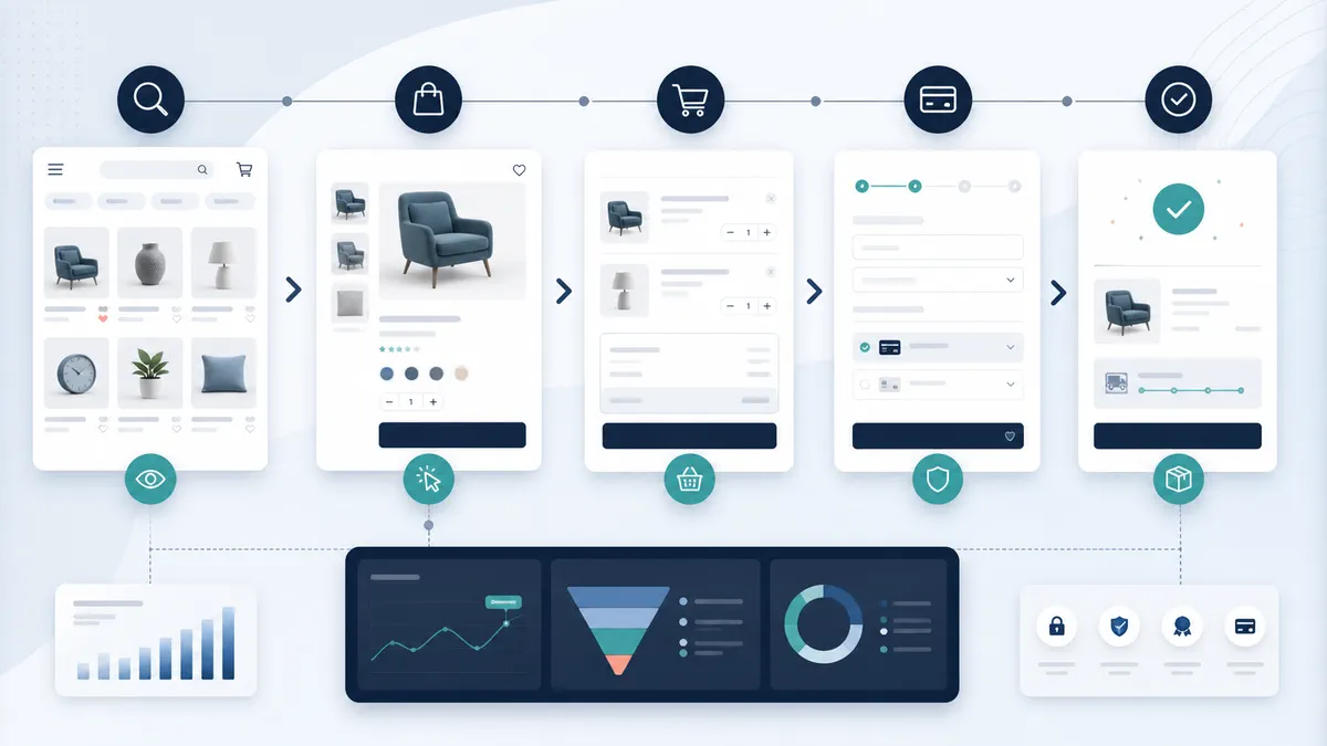 E-commerce customer journey from product discovery through basket, checkout and completed order