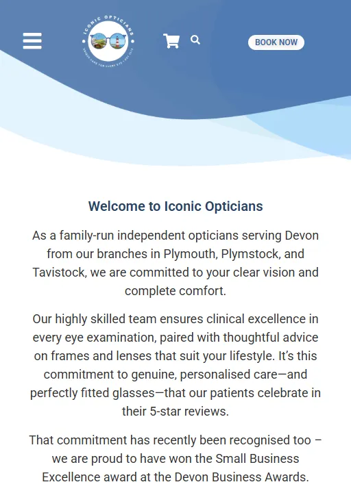 Iconic Opticians website shown at a mobile screen width