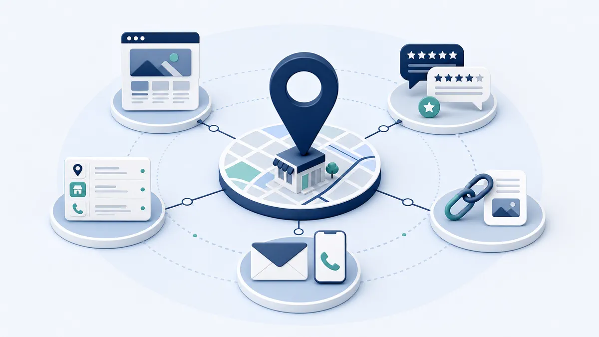 Local SEO ecosystem connecting a website, business listing, reviews, local links and customer enquiries