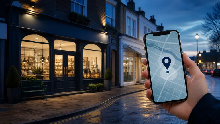 Smartphone map beside a British high street illustrating local SEO visibility