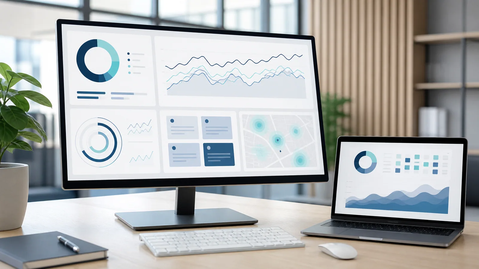 Organic search and local visibility dashboards shown on two screens