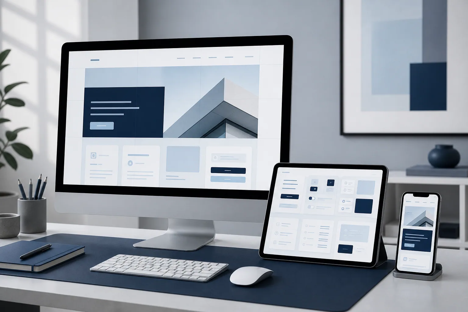 Responsive website interface displayed across desktop, tablet and mobile devices