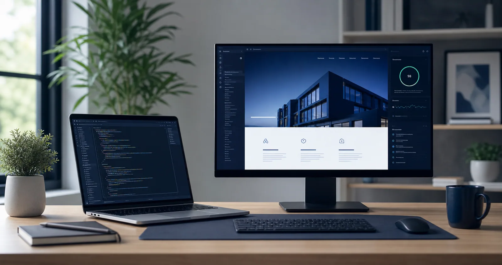 Web development workspace with code and a completed responsive website