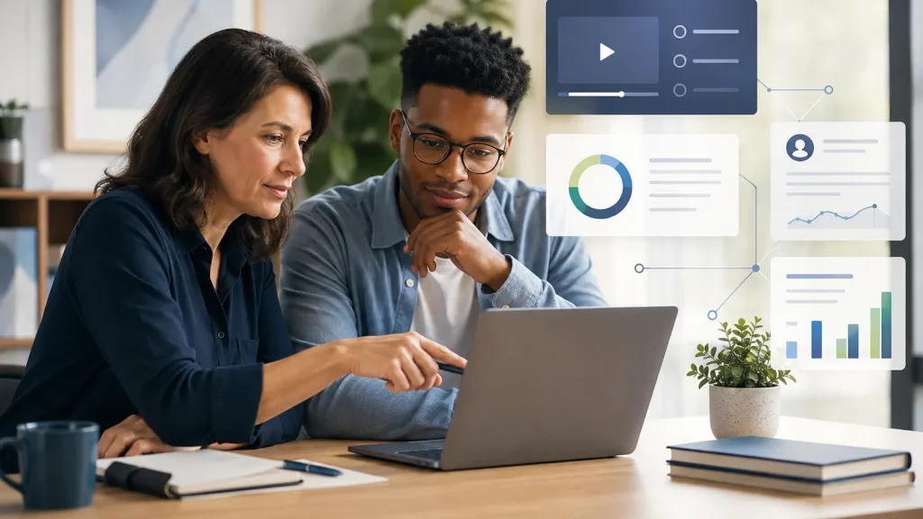 Instructional designer and learner reviewing a digital learning platform